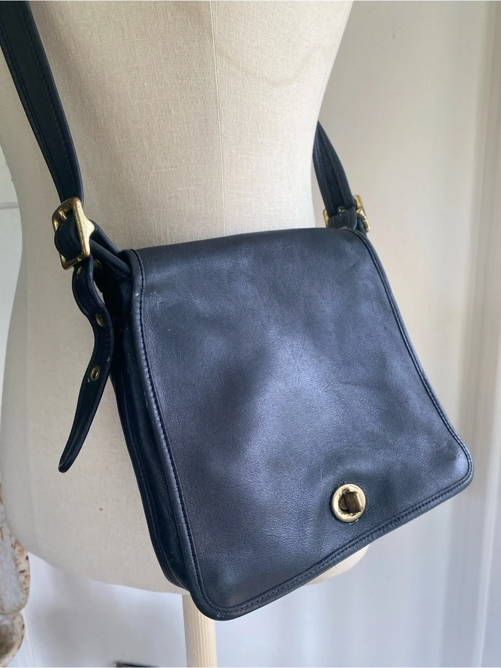 Coach Legacy Black Leather Messenger Bag 9715 with Brass-Tone Turn Lock